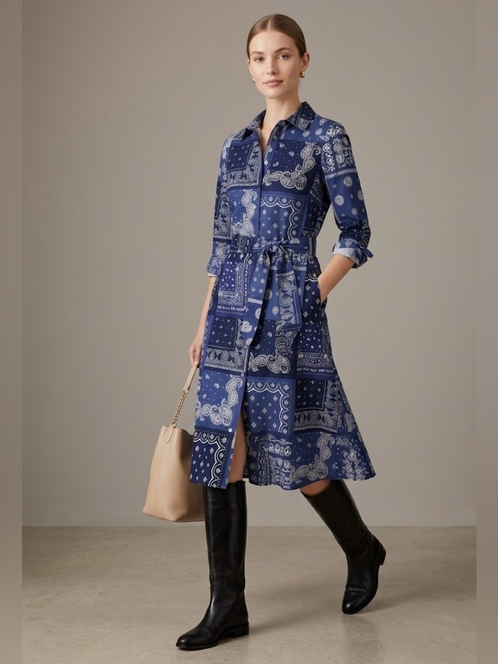 Talbots Paisley Floral Blue Bandana Midi Shirt Dress Long Sleeves Western 14P - Picture 2 of 8